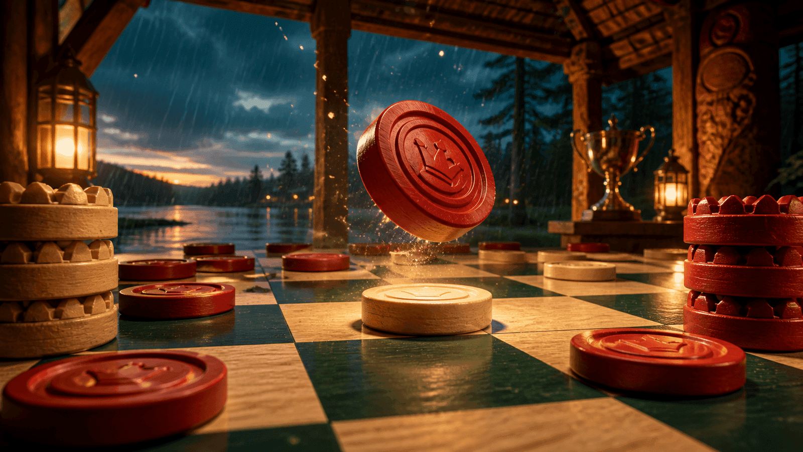 A carved red checker jumps an ivory piece on a cedar pavilion board during a rainy sunset.