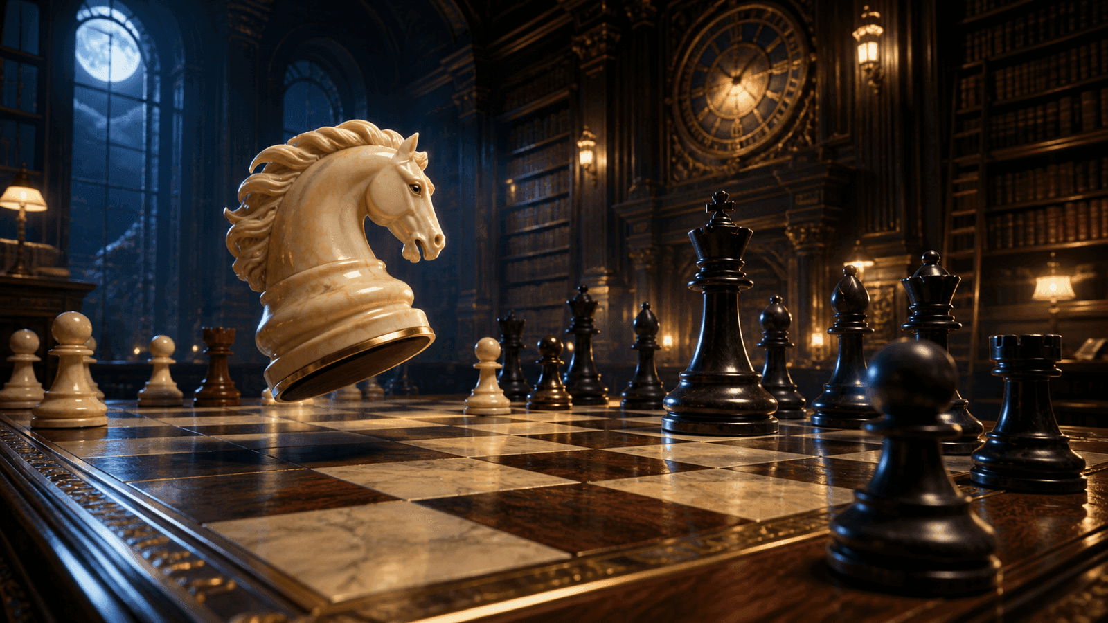 An ivory knight leaps over an ornate chessboard toward an obsidian king in a moonlit grand library.