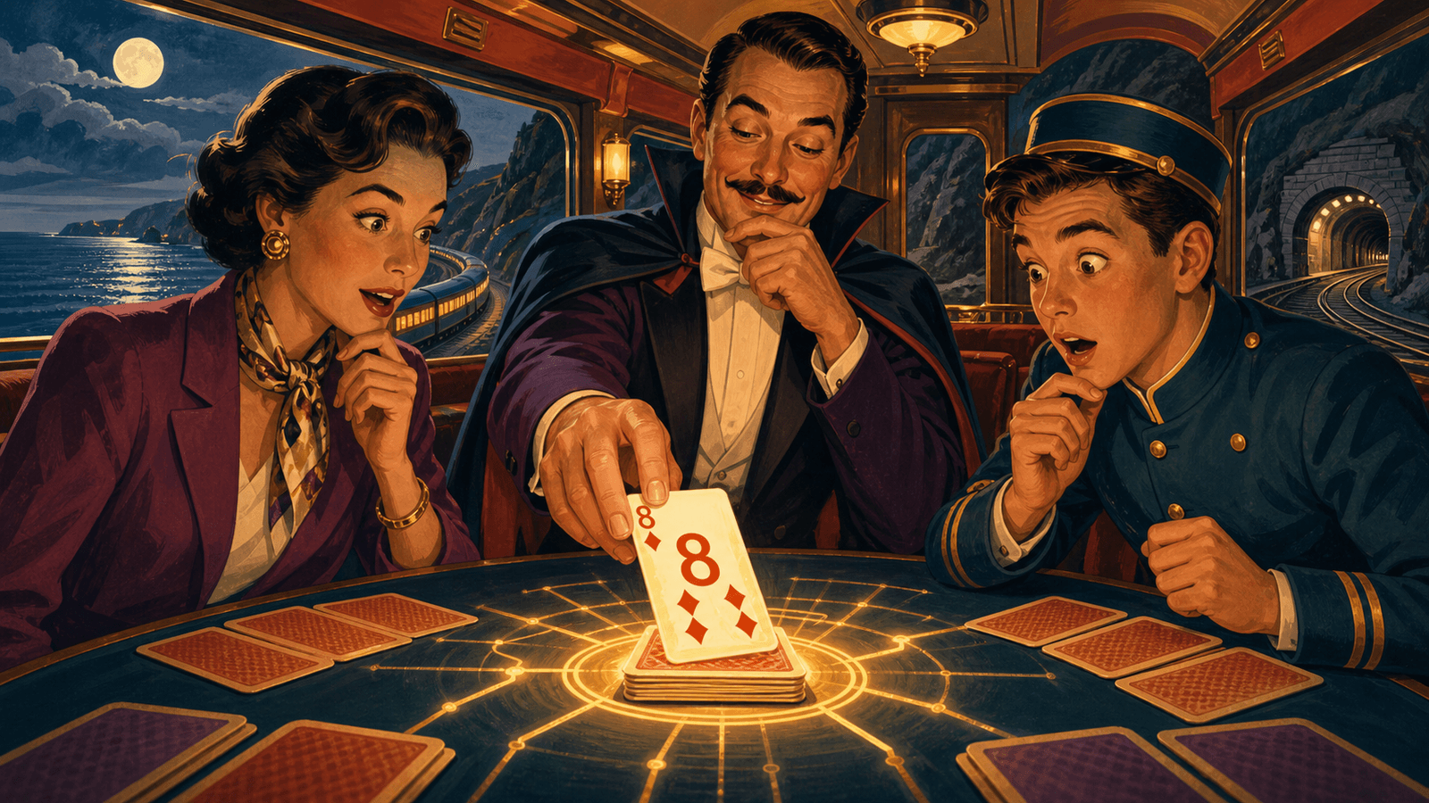 A glowing eight arcs toward a card table while three travelers react aboard a retro observation train.
