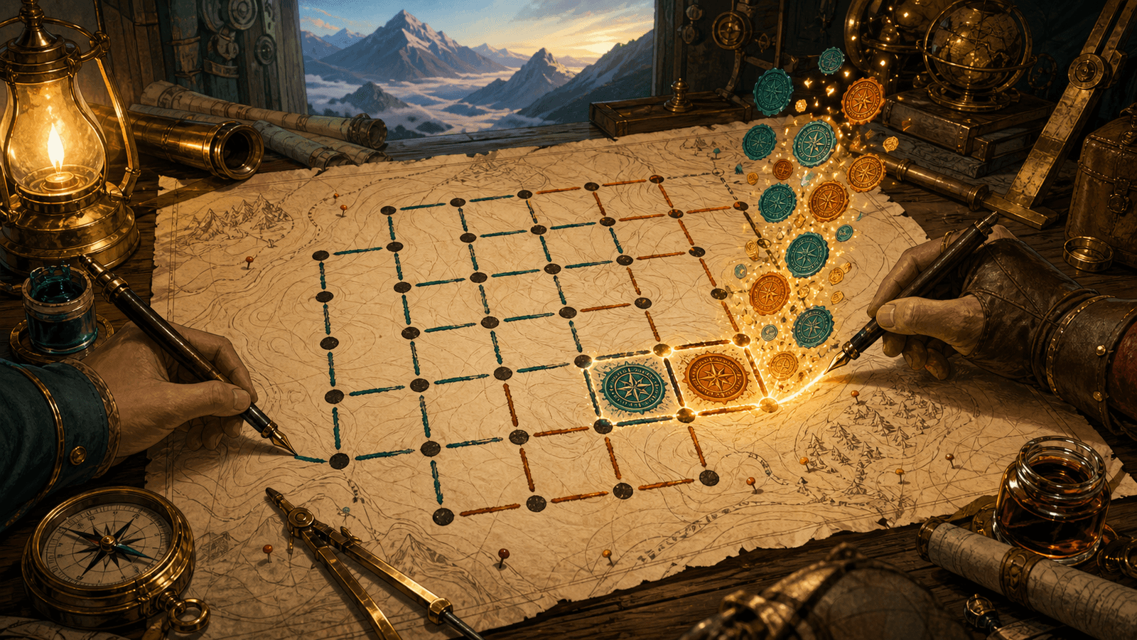 Two ink trails race to complete glowing regions on an adventurous cartographer table.