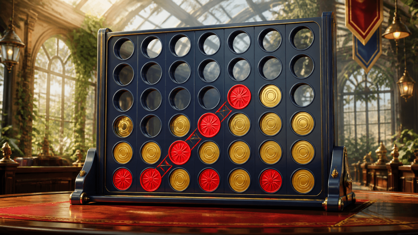 Red and gold game discs race toward a four-token connection on a luminous blue strategy board.