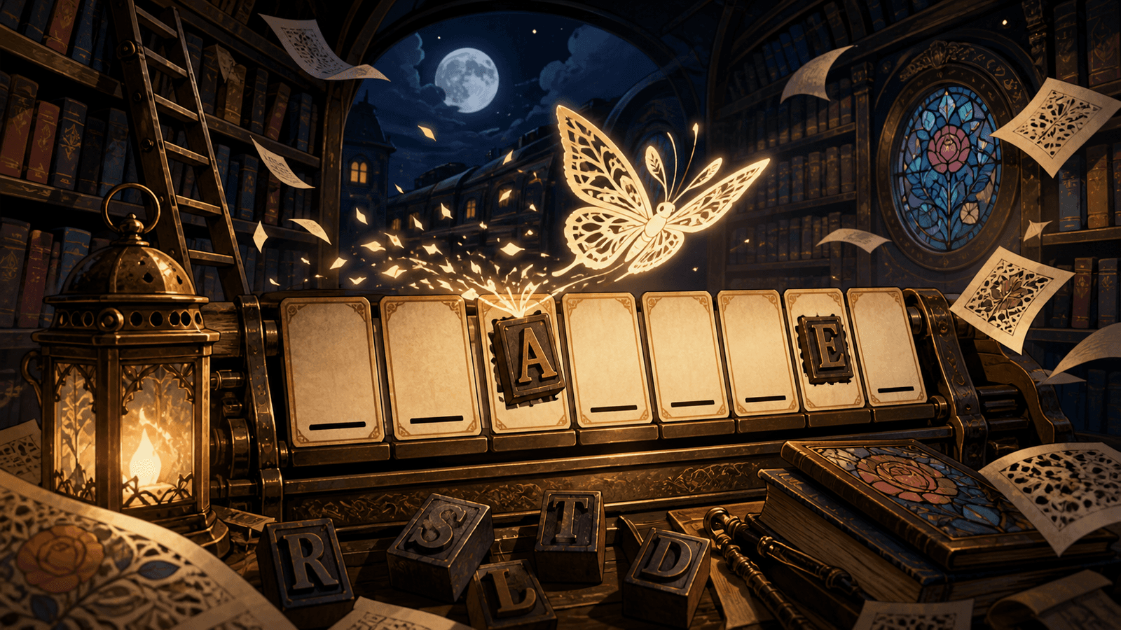A luminous paper moth hovers over hidden brass letter tiles in a moonlit library of six lanterns.