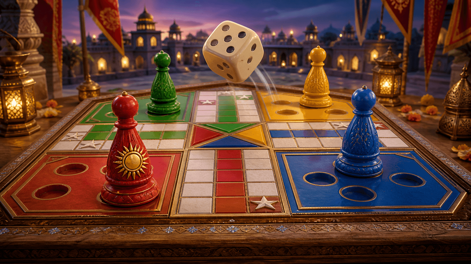 Four ornate red, green, yellow, and blue Ludo pawns race across a palace tabletop beneath one tumbling die.