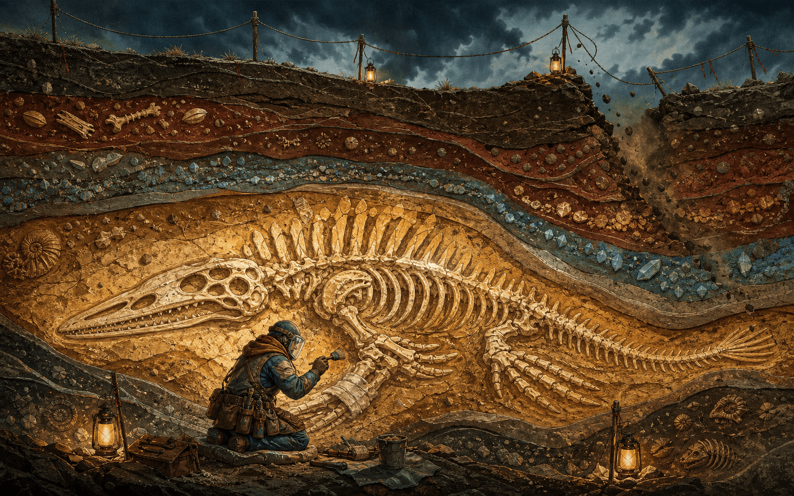 A field paleontologist excavates a luminous master fossil as a fault opens through hand-tinted badlands strata.