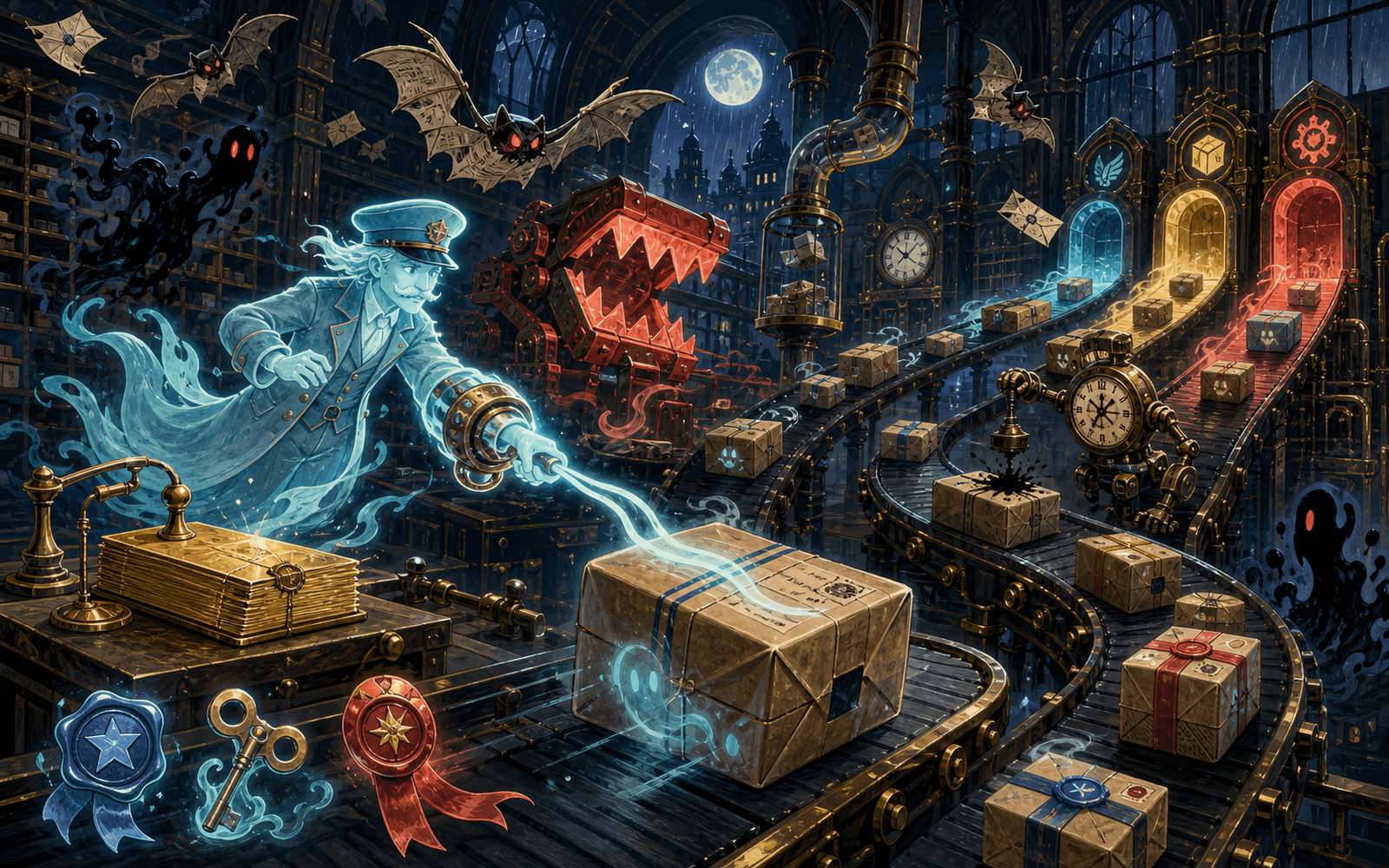 A spectral postmaster possession-hops into a parcel amid haunted conveyors, destination chutes, and clockwork threats.