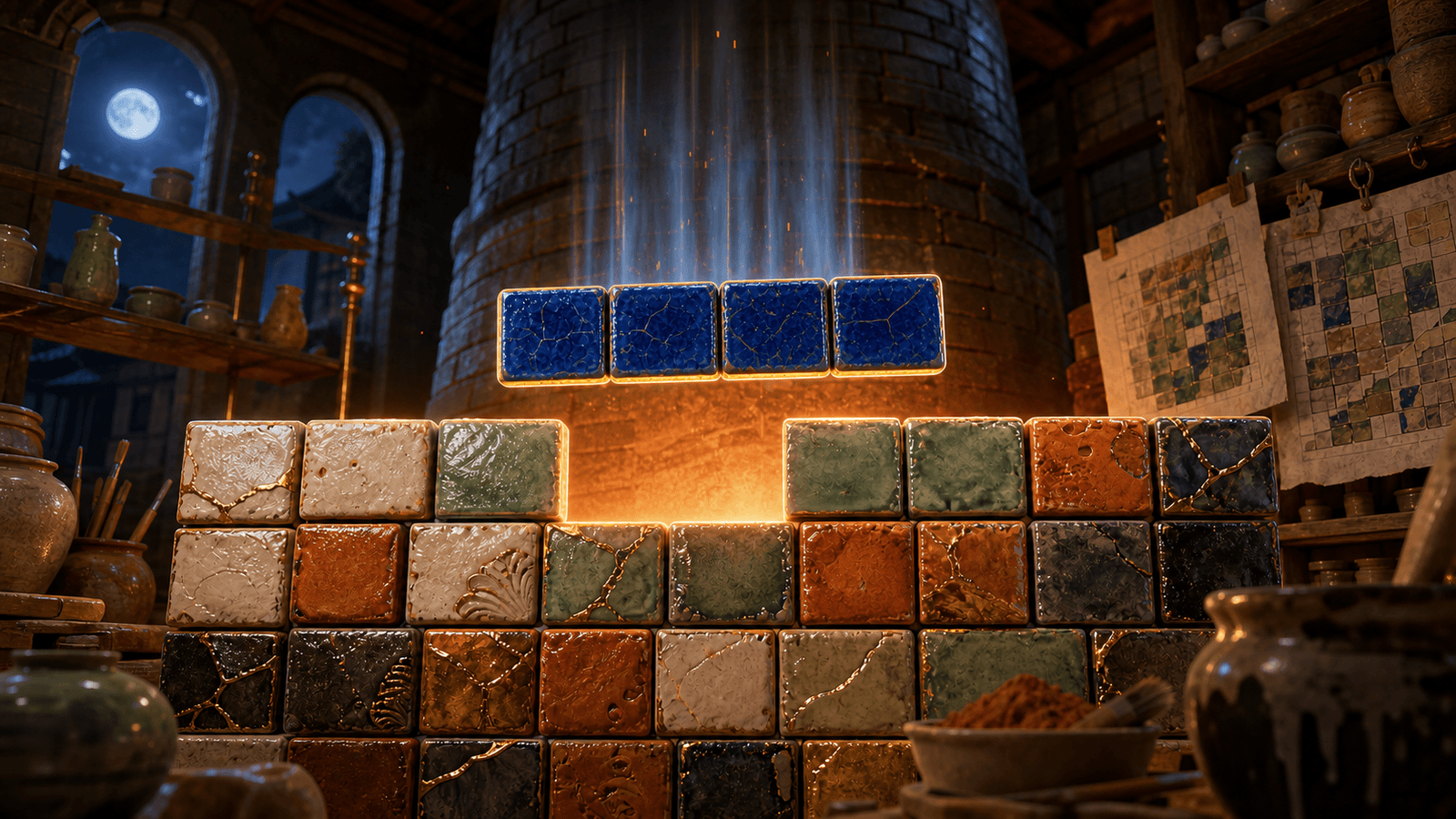 A cobalt ceramic four-tile mosaic falls toward a glowing near-complete row inside a moonlit artisan kiln.