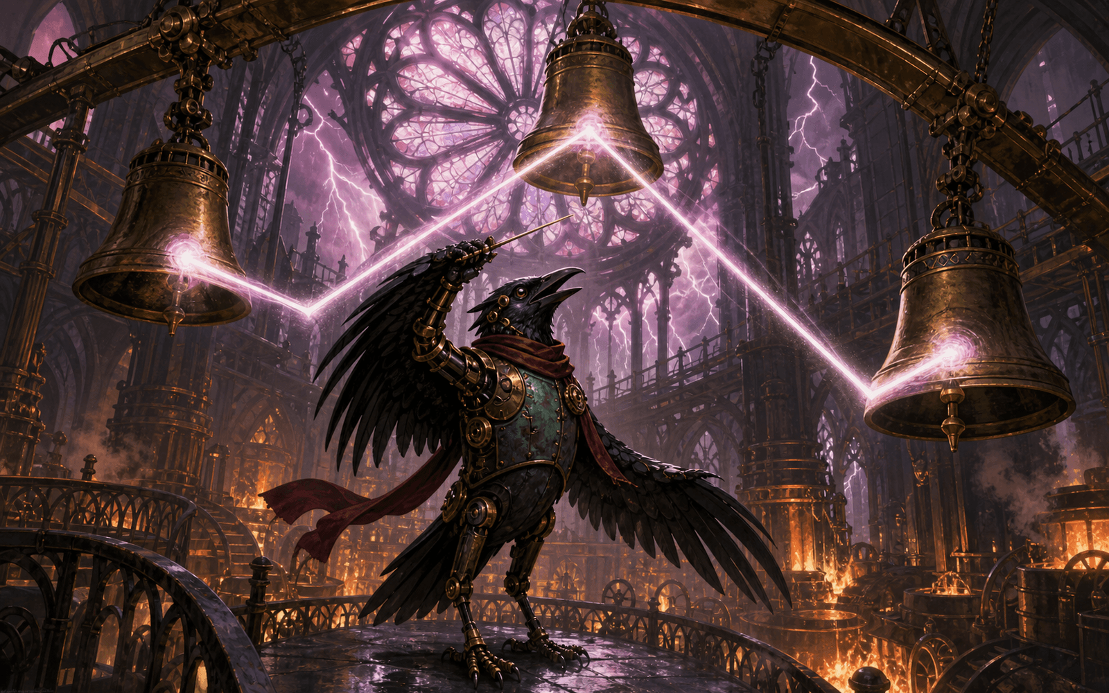 A clockwork rook conductor banks a luminous Rooknote through ordered bells in a storm-lit cathedral foundry.