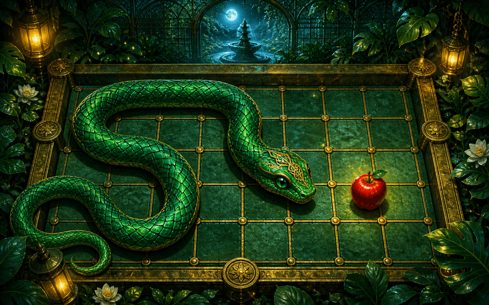 An emerald garden snake curves toward a red apple on a moonlit brass grid, with its tail and the garden wall creating tension.