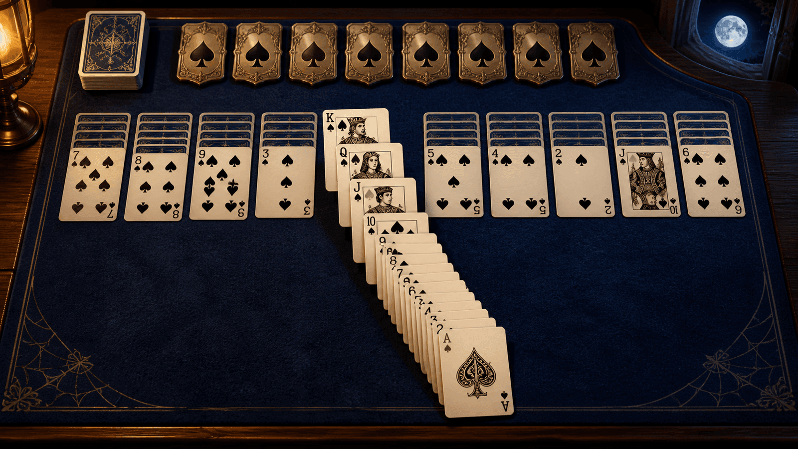 A moonlit Spider Solitaire tableau with a central suited King-to-Ace cascade.