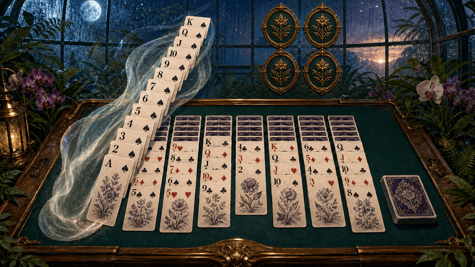 A King-to-Ace spade cascade rises over a rainlit botanical glasshouse card table.