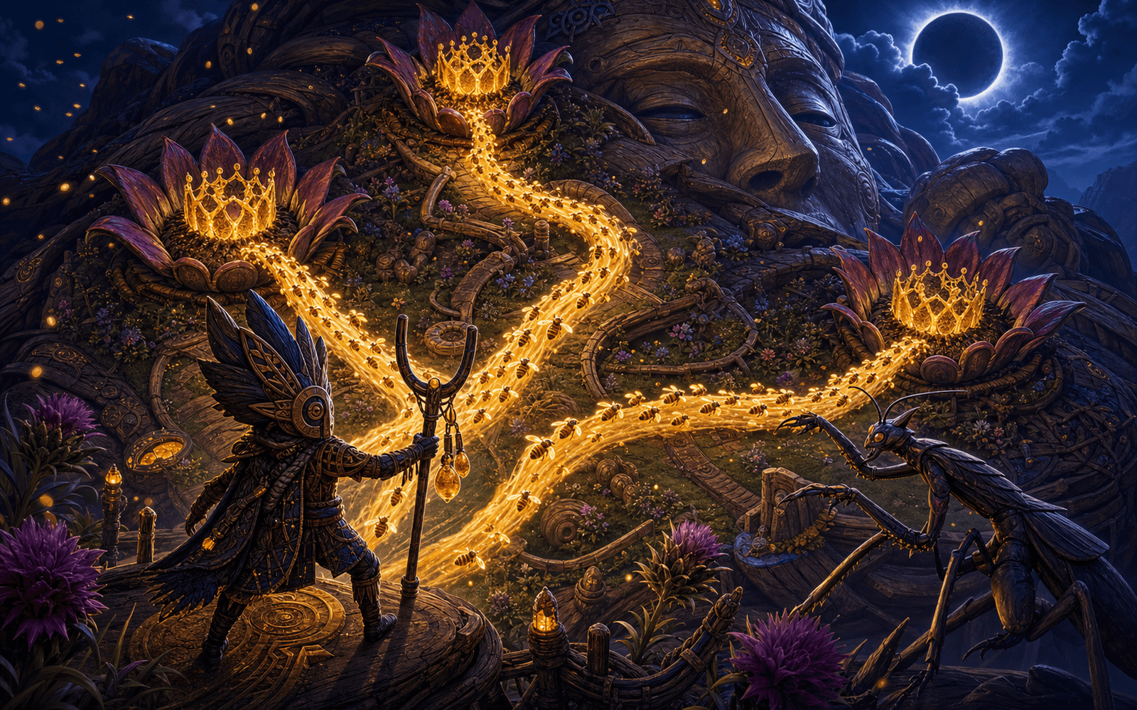 A masked apiary warden divides three glowing bee swarms toward giant flower crowns in a moonlit resin orchard.