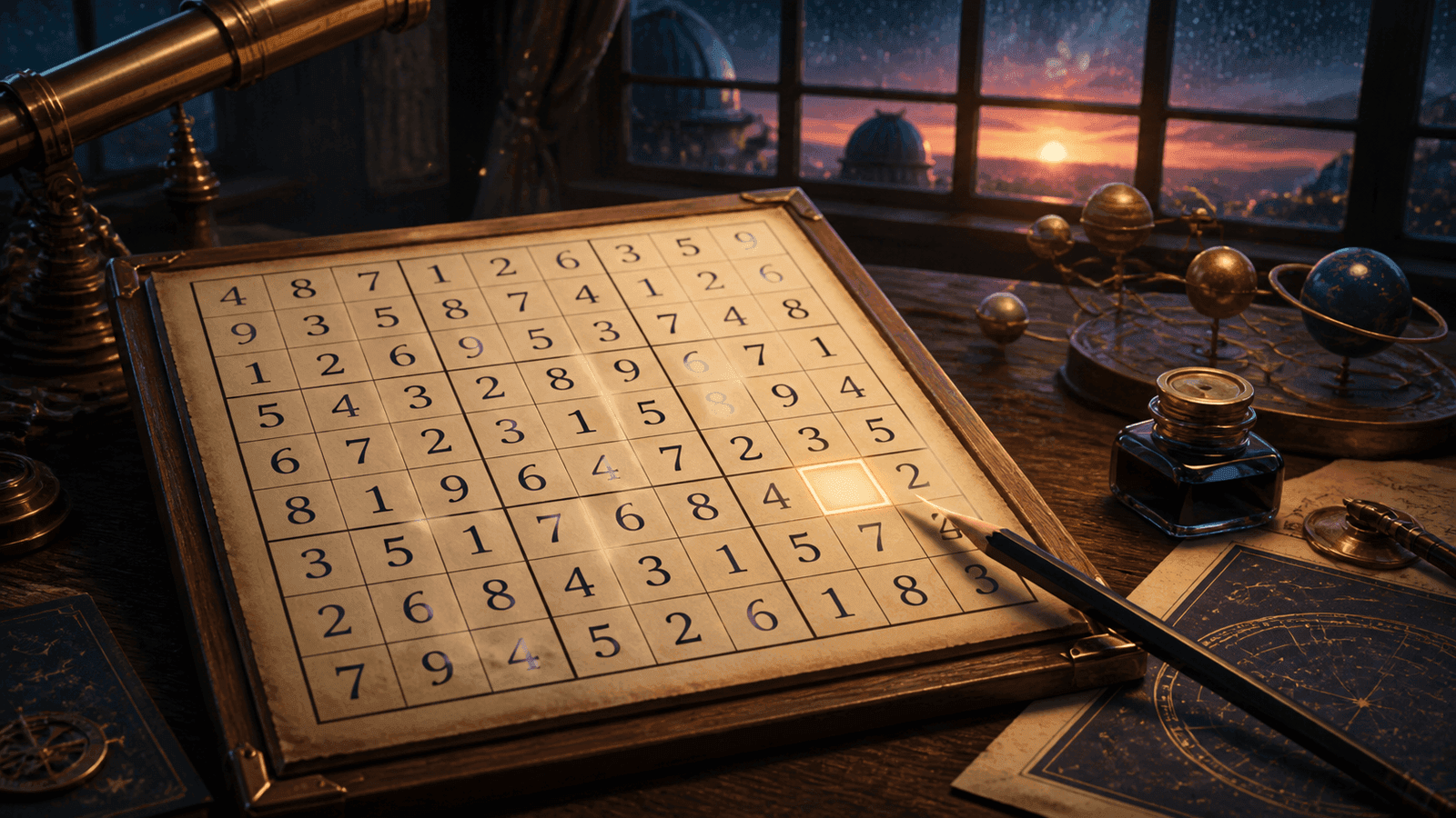 A nearly completed parchment Sudoku grid glows on a brass observatory desk at dawn.