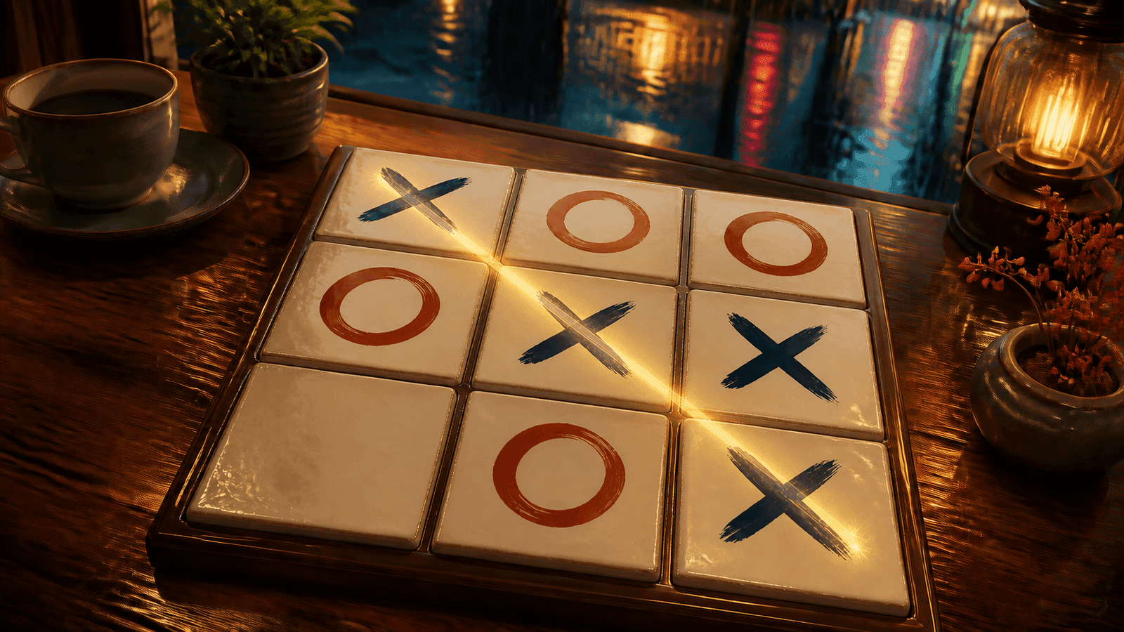 Three hand-painted X tiles complete a glowing diagonal on a ceramic café game board.